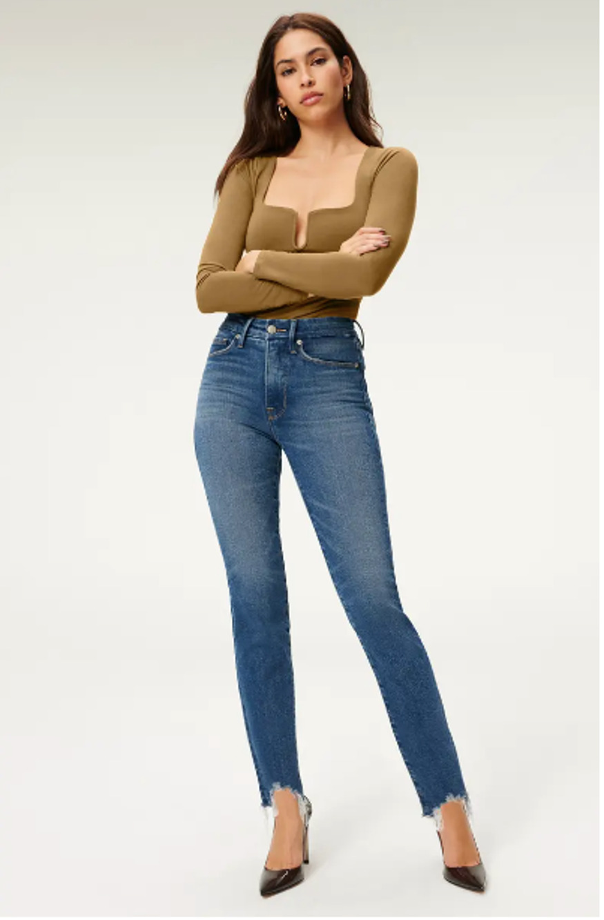 GOOD AMERICAN NWT Good Legs Chew Hem Ankle Cigarette Jeans in Blue842 // 0 (25)
